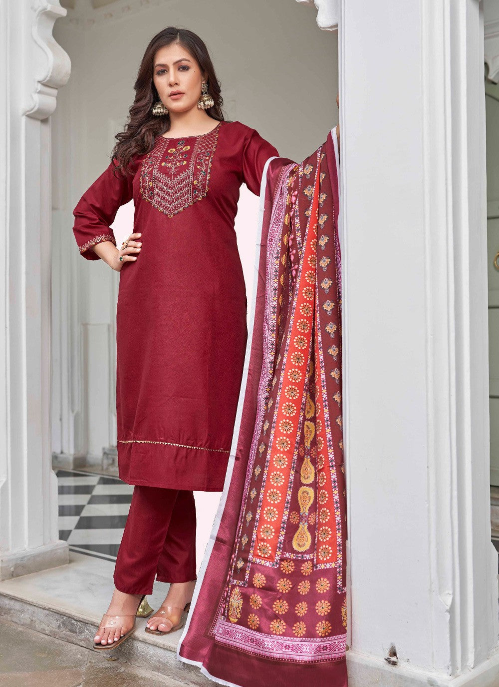 Embroidered Cotton Pant Style Suit - T4714