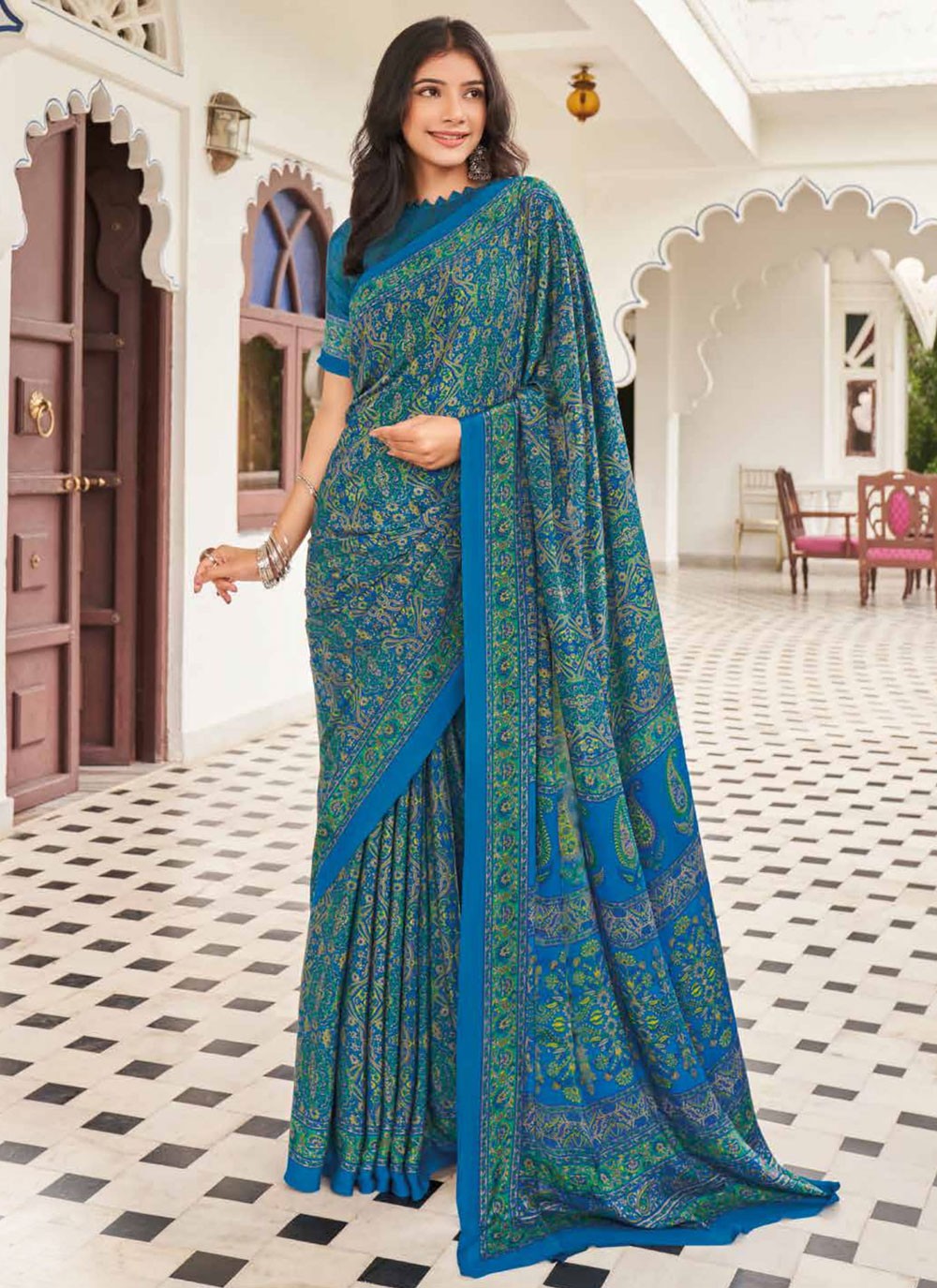 Contemporary Printed Pure Crepe Saree - S9443