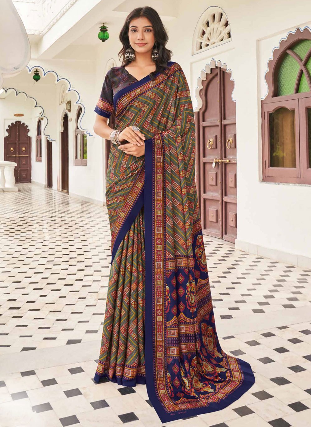 Contemporary Printed Pure Crepe Saree - S9443