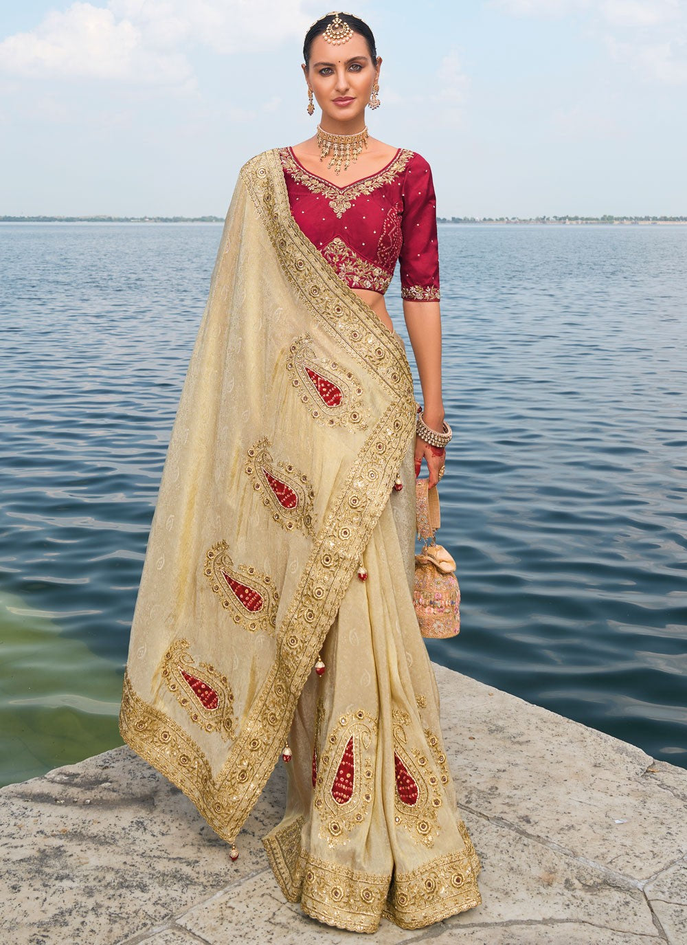 Classic Embroidered Kanjivaram Silk Cream Saree - S10755