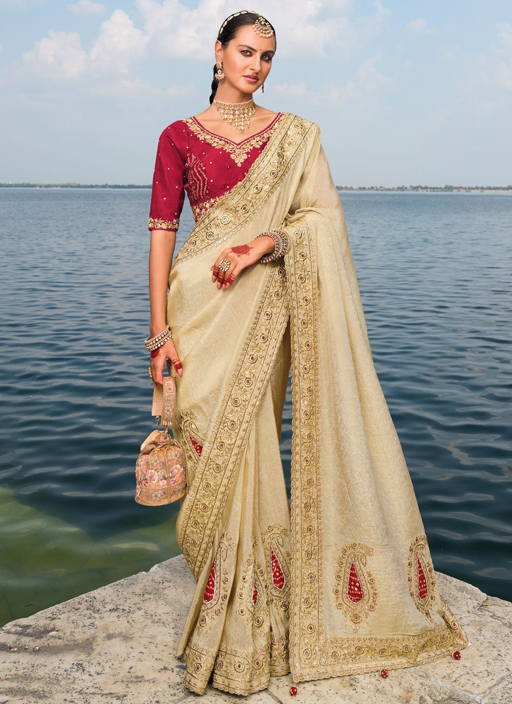 Classic Embroidered Kanjivaram Silk Cream Saree - S10755