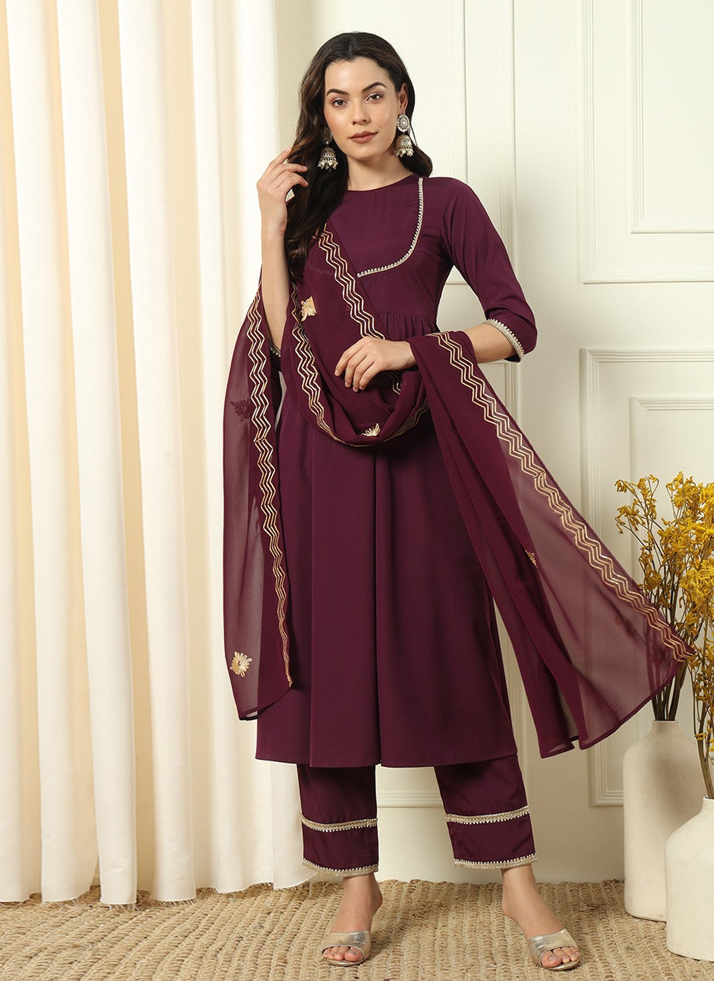 Embroidered Pure Crepe Palazzo Suit - T4539