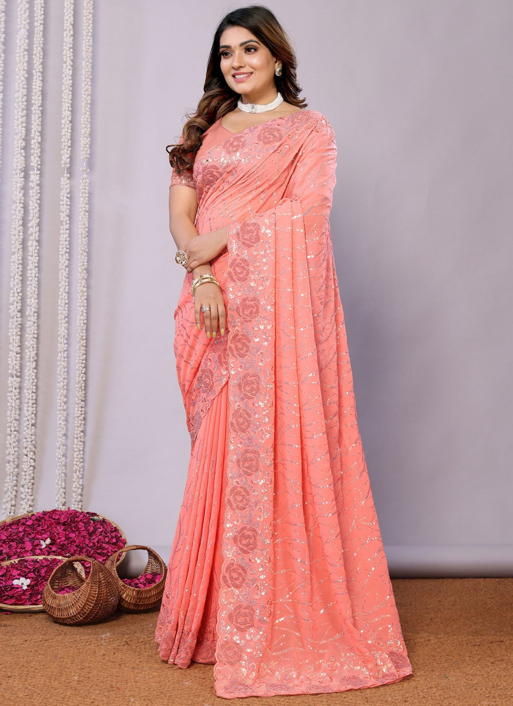 Sequins, Thread, Zari Net Saree - S11513