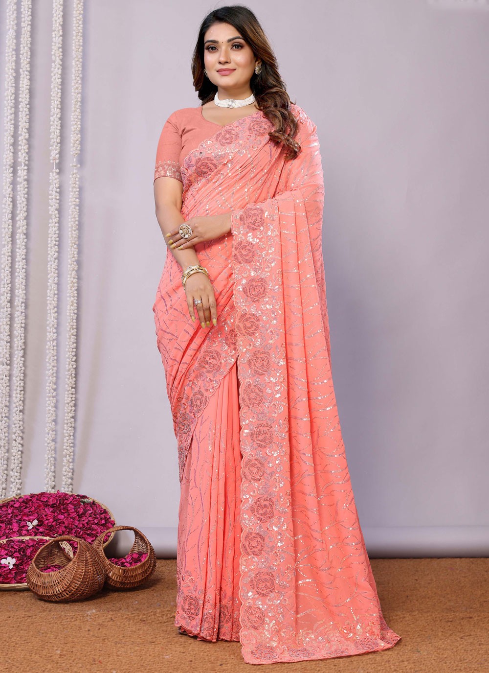 Sequins, Thread, Zari Net Saree - S11513