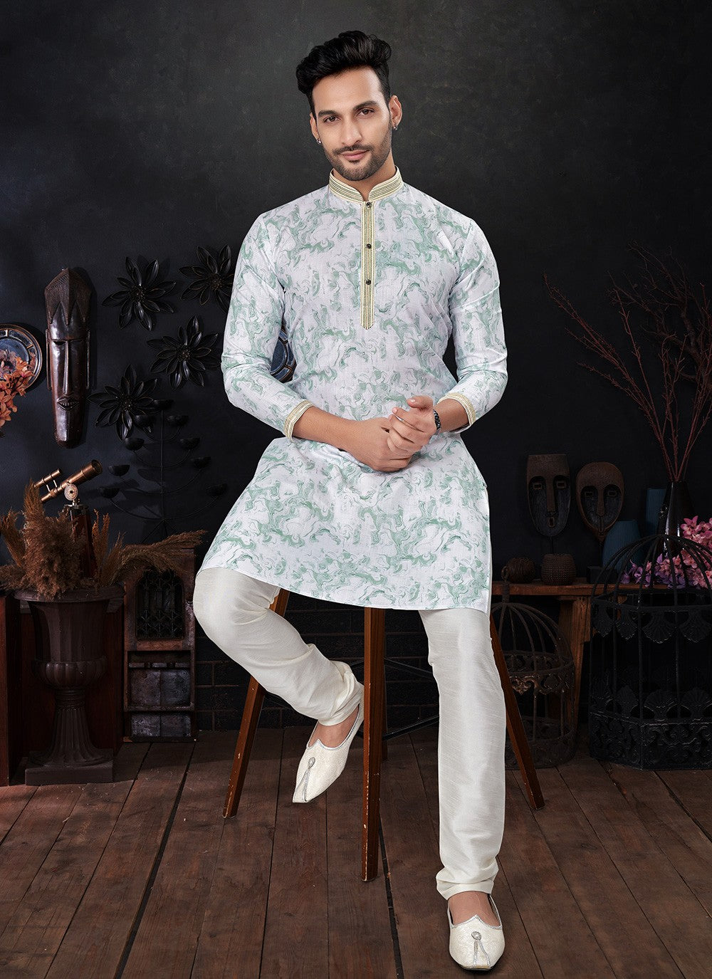 Embroidered Pure Silk Aqua Blue Kurta Pyjama - M8288