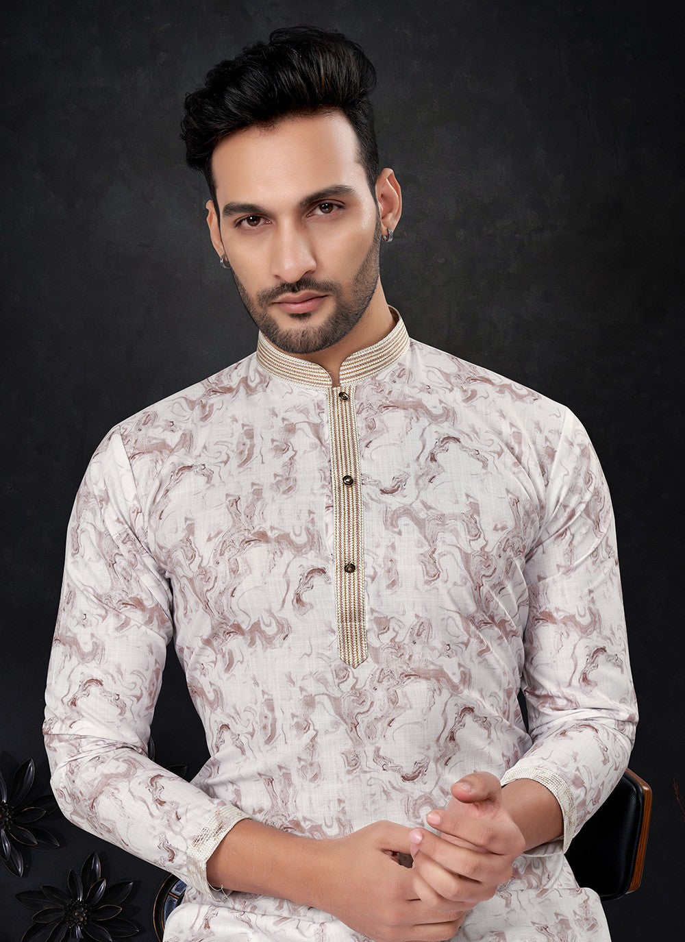 Embroidered Pure Silk Cream Kurta Pyjama - M8289