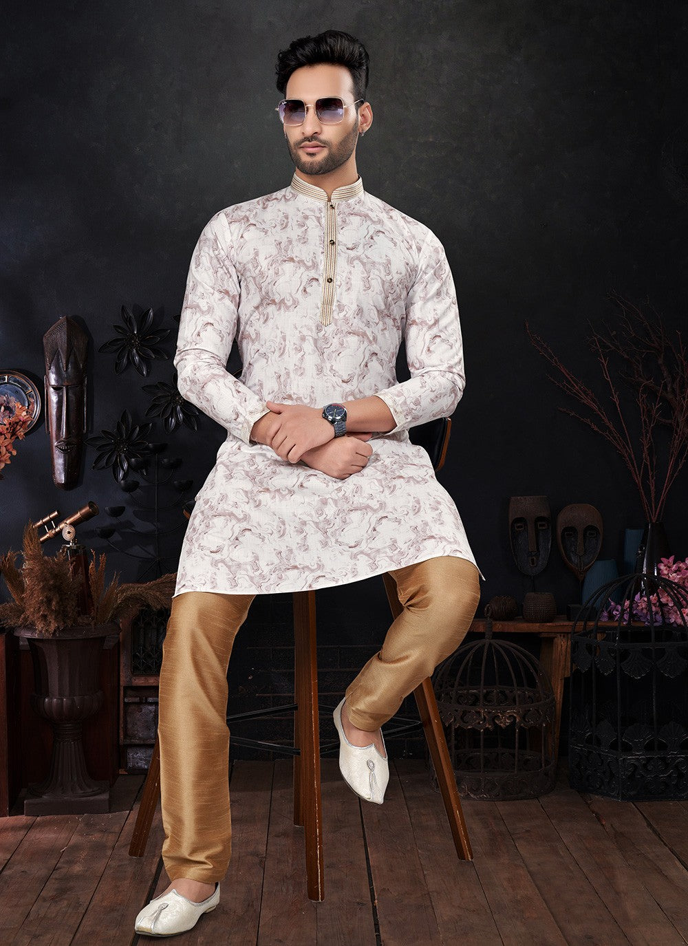 Embroidered Pure Silk Cream Kurta Pyjama - M8289