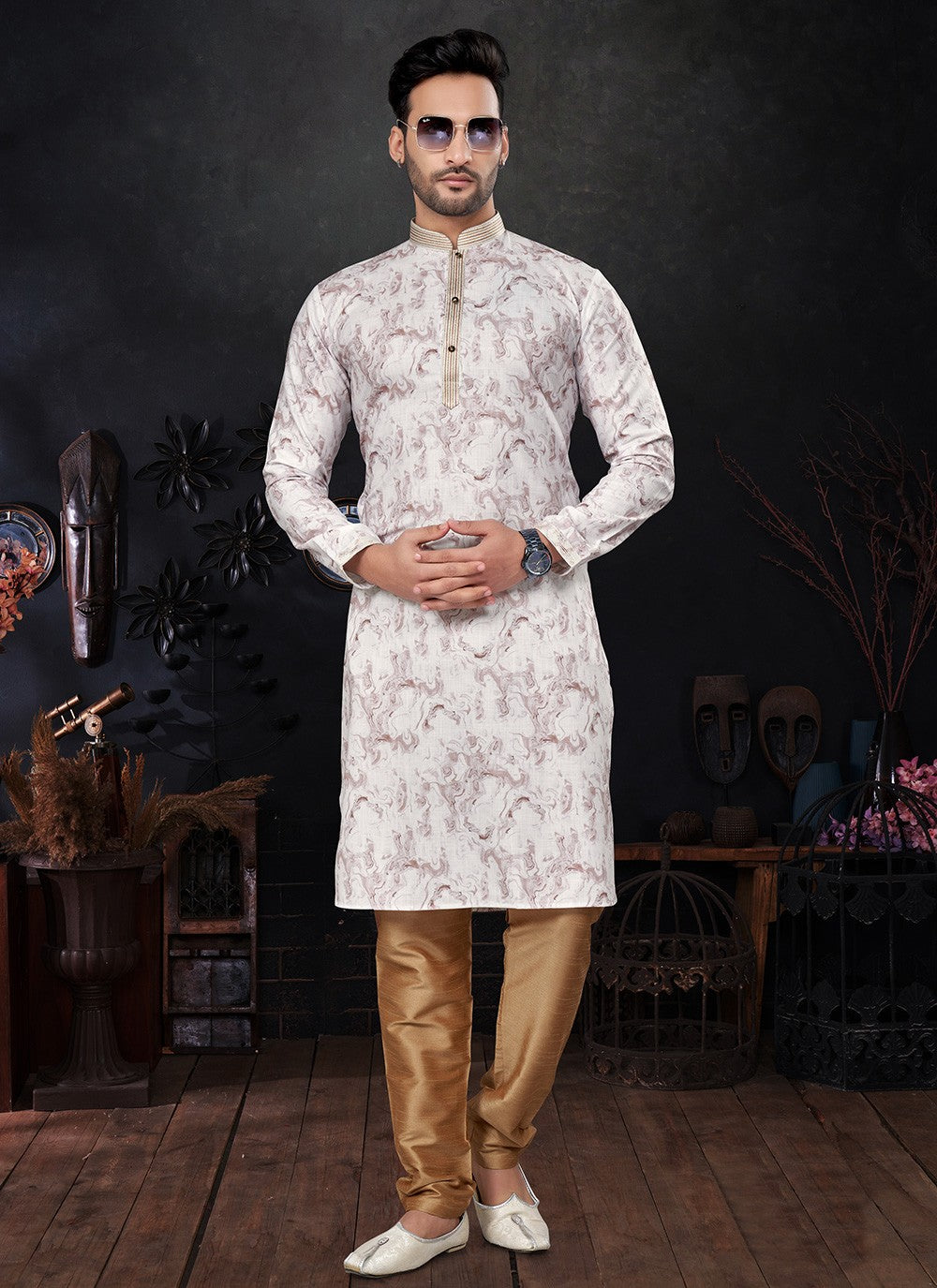 Embroidered Pure Silk Cream Kurta Pyjama - M8289