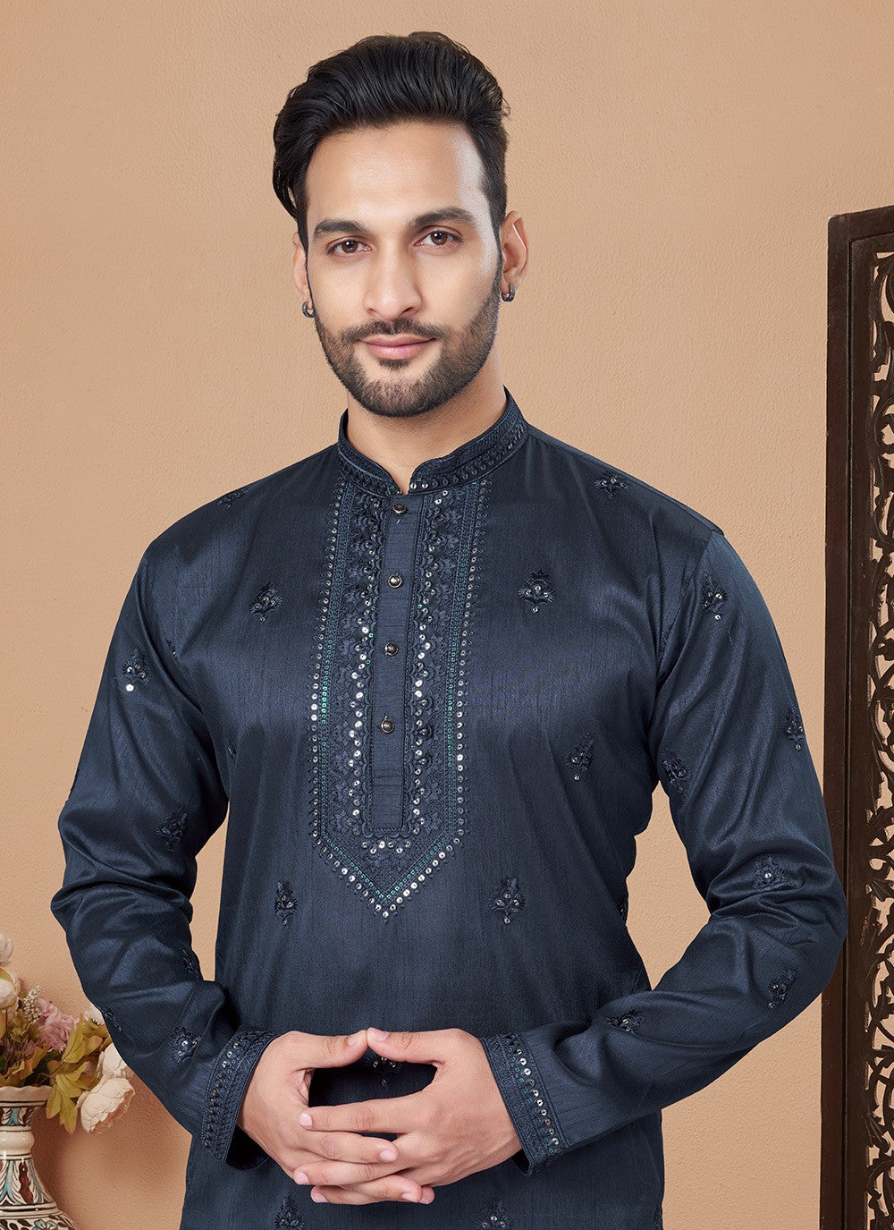 Embroidered Pure Silk Navy Blue Kurta Pyjama - M8493