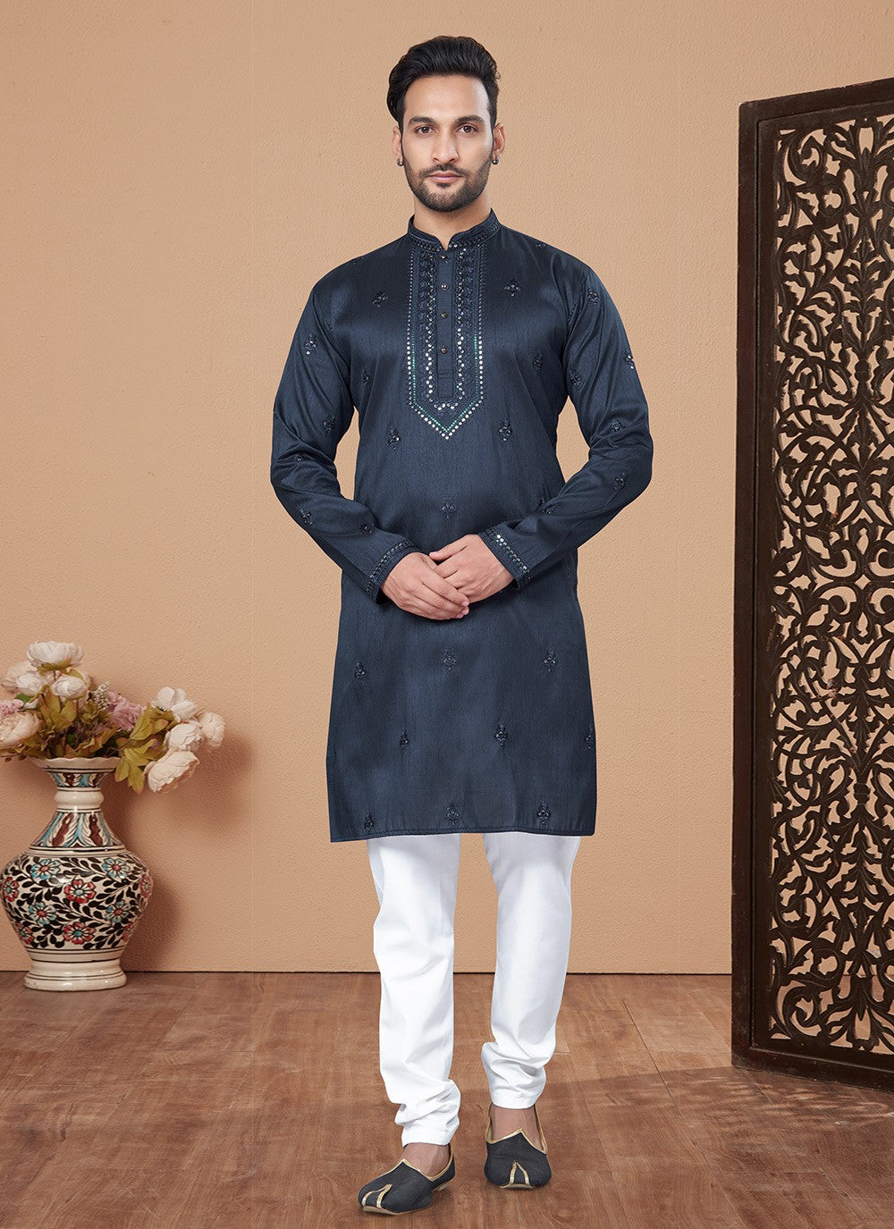 Embroidered Pure Silk Navy Blue Kurta Pyjama - M8493