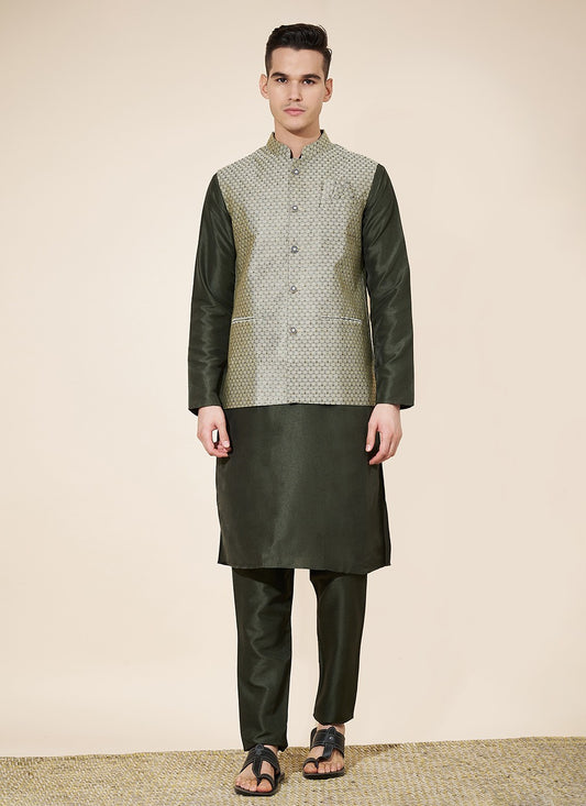 Jacquard Work Pure Silk Green Kurta Payjama With Jacket - M8034