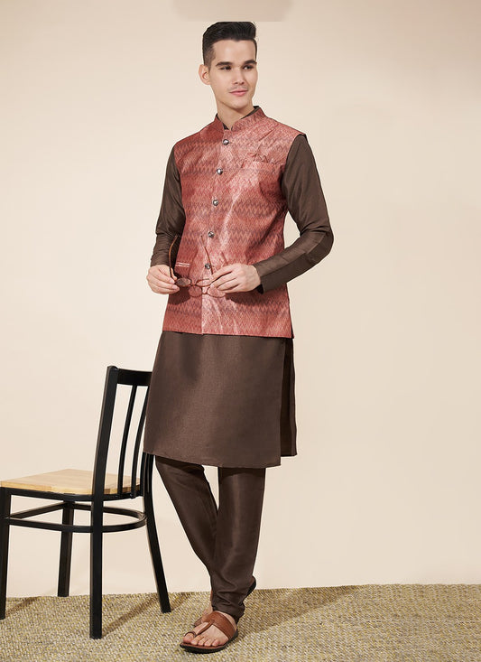 Jacquard Work Pure Silk Brown Kurta Payjama With Jacket - M8025