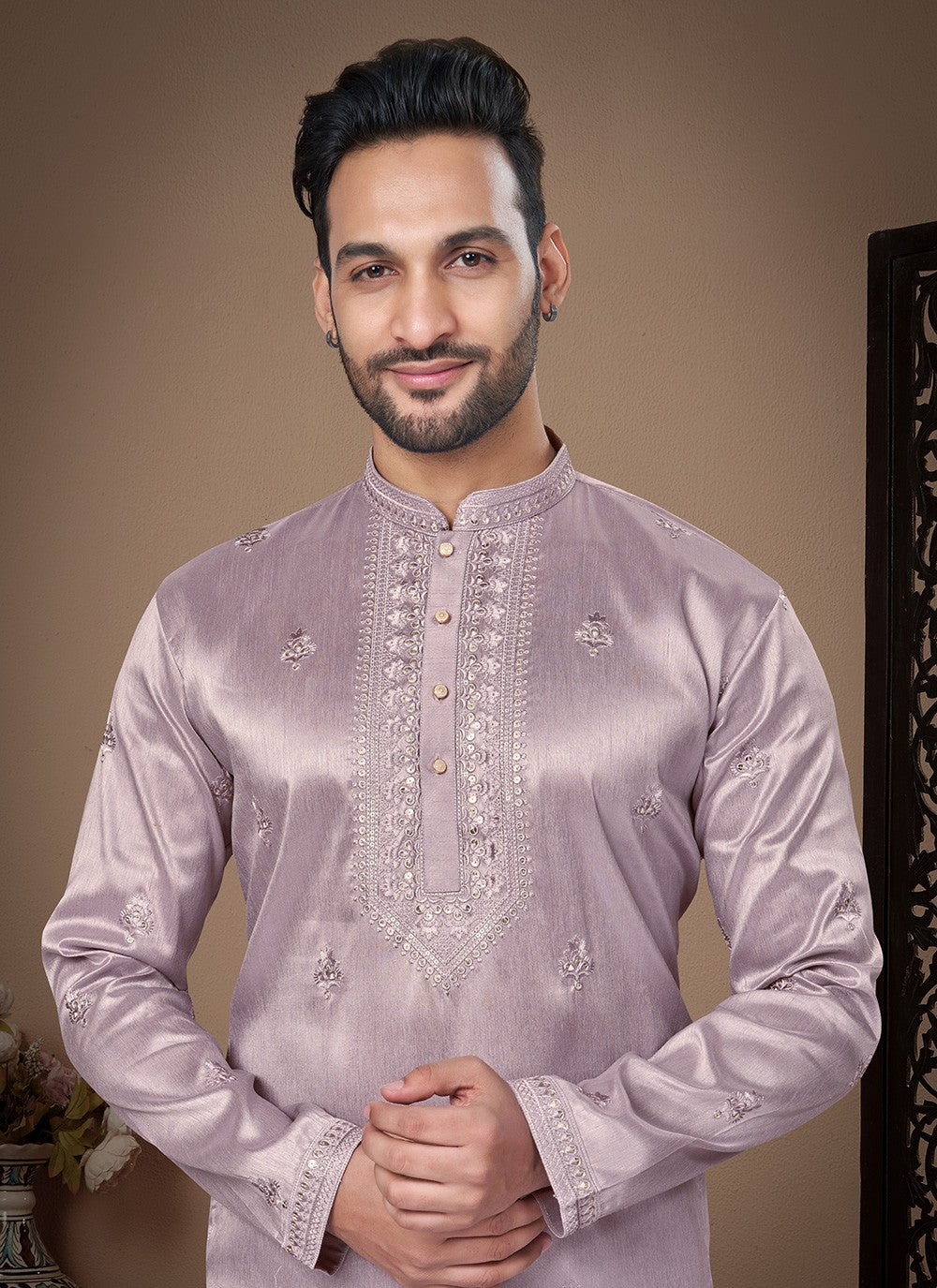 Embroidered Pure Silk Purple Kurta Pyjama - M8496