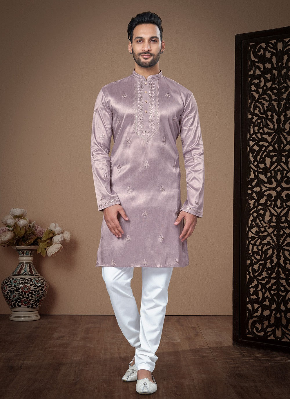 Embroidered Pure Silk Purple Kurta Pyjama - M8496