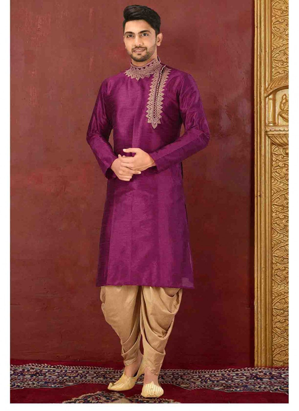 Embroidered Art Dupion Silk Purple Kurta Pyjama - M1586