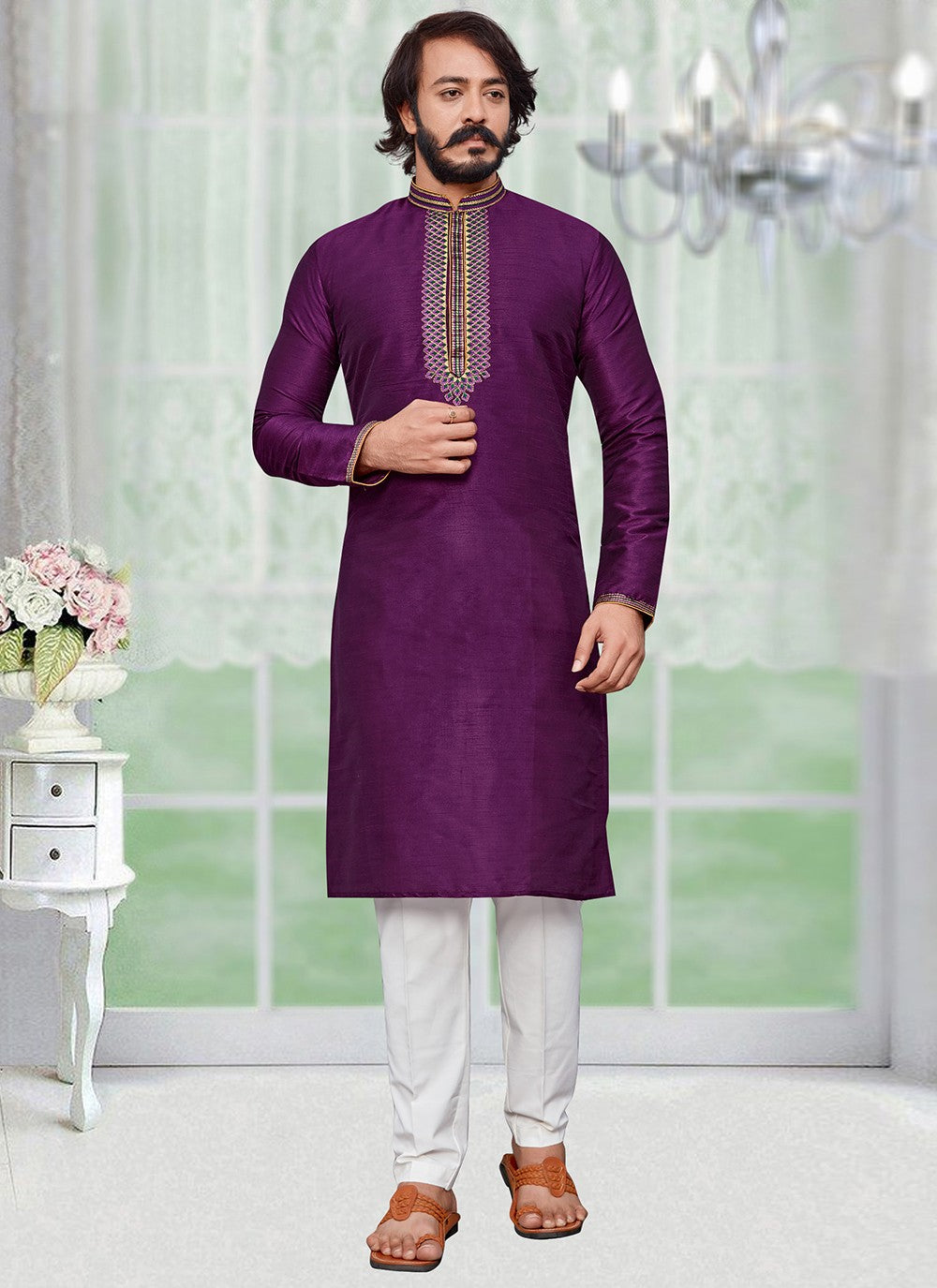 Embroidered Art Silk Purple Kurta Pyjama - M2015