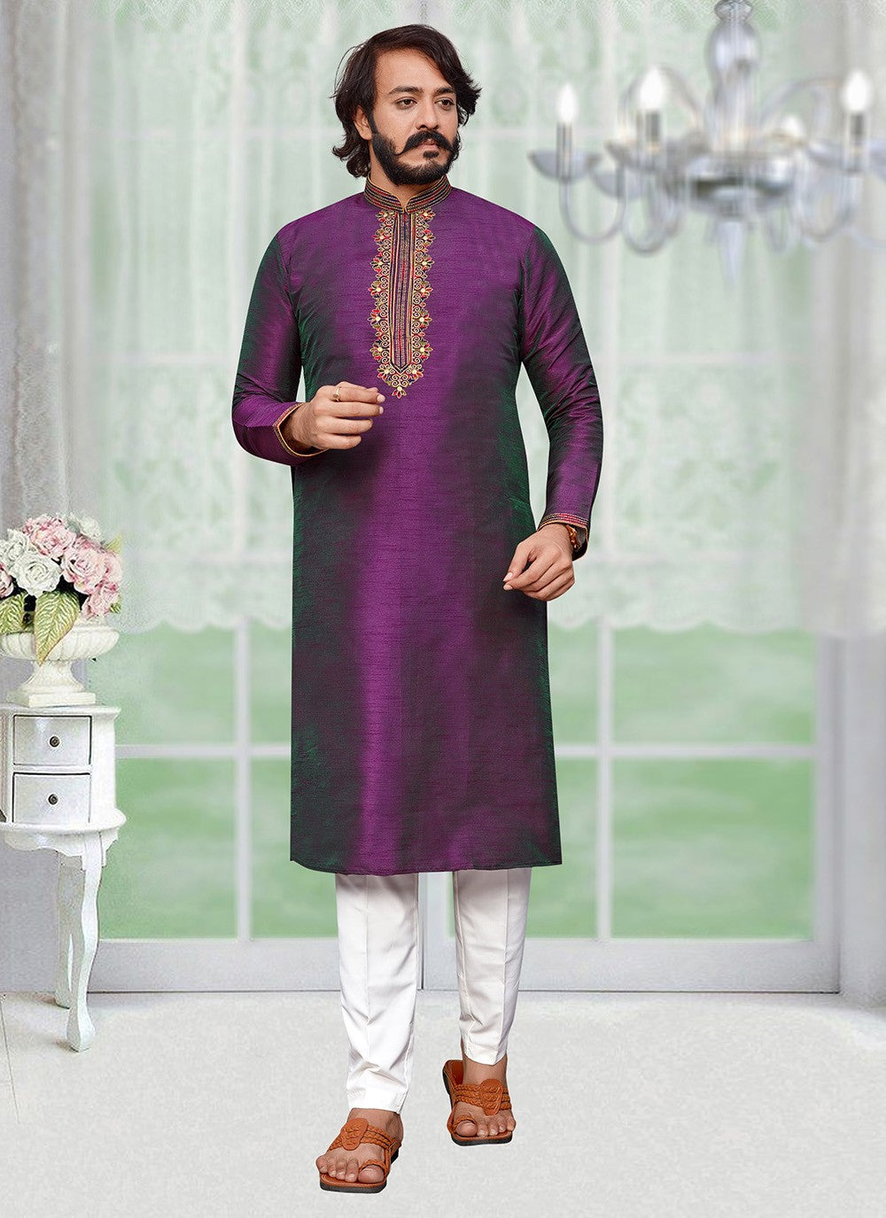 Embroidered Art Silk Purple Kurta Pyjama - M2332