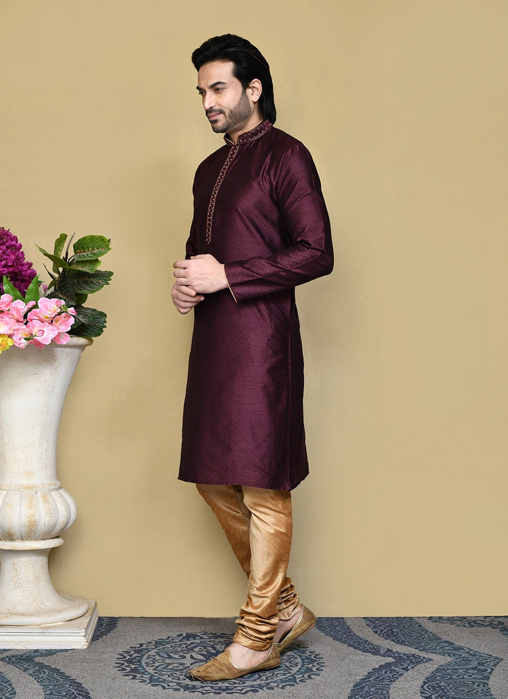 Resham Art Silk Purple Kurta Pyjama - M7842