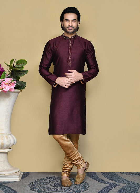 Resham Art Silk Purple Kurta Pyjama - M7842