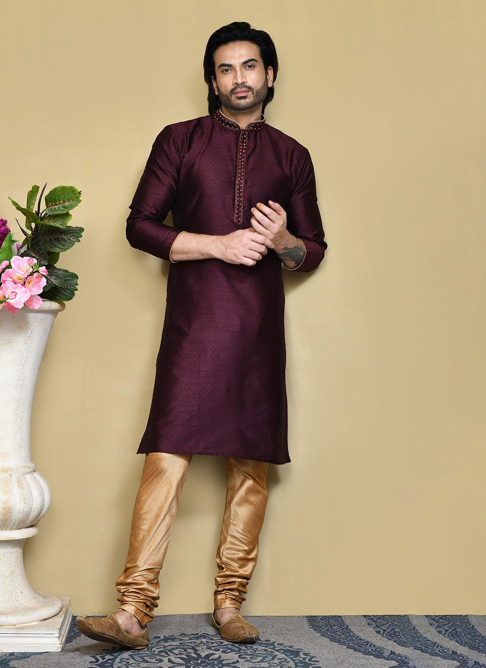 Resham Art Silk Purple Kurta Pyjama - M7842