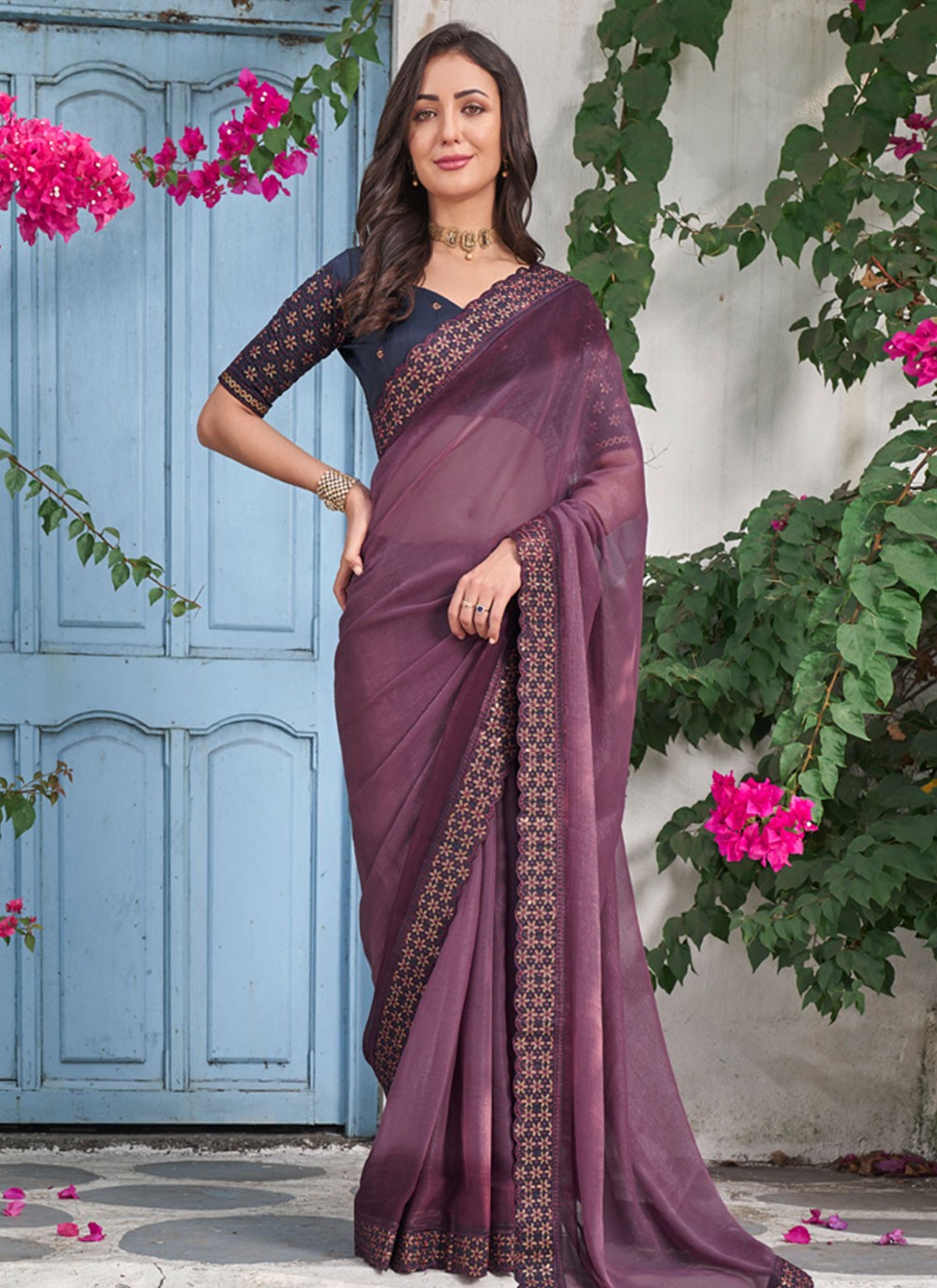 Trendy Embroidered Shimmer Saree - S4835