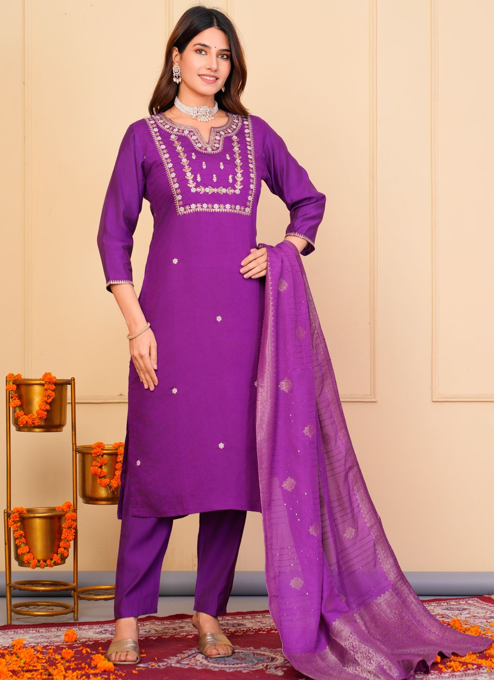 Embroidered Chanderi Pant Style Suit - T4854