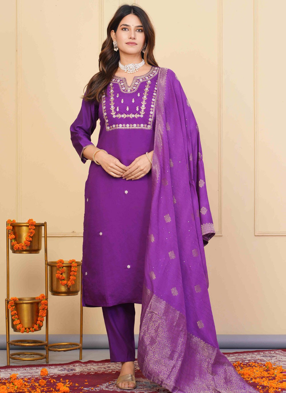 Embroidered Chanderi Pant Style Suit - T4854