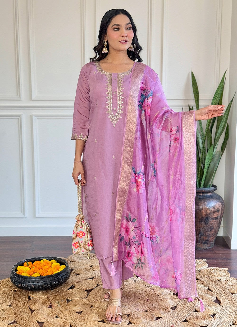 Embroidered Chanderi Salwar Suit - T4450