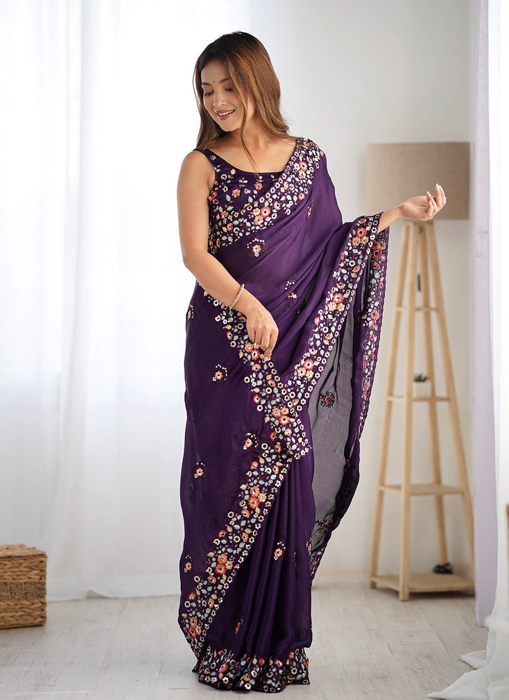 Embroidered, Sequins, Thread Chiffon Satin Saree - S11742