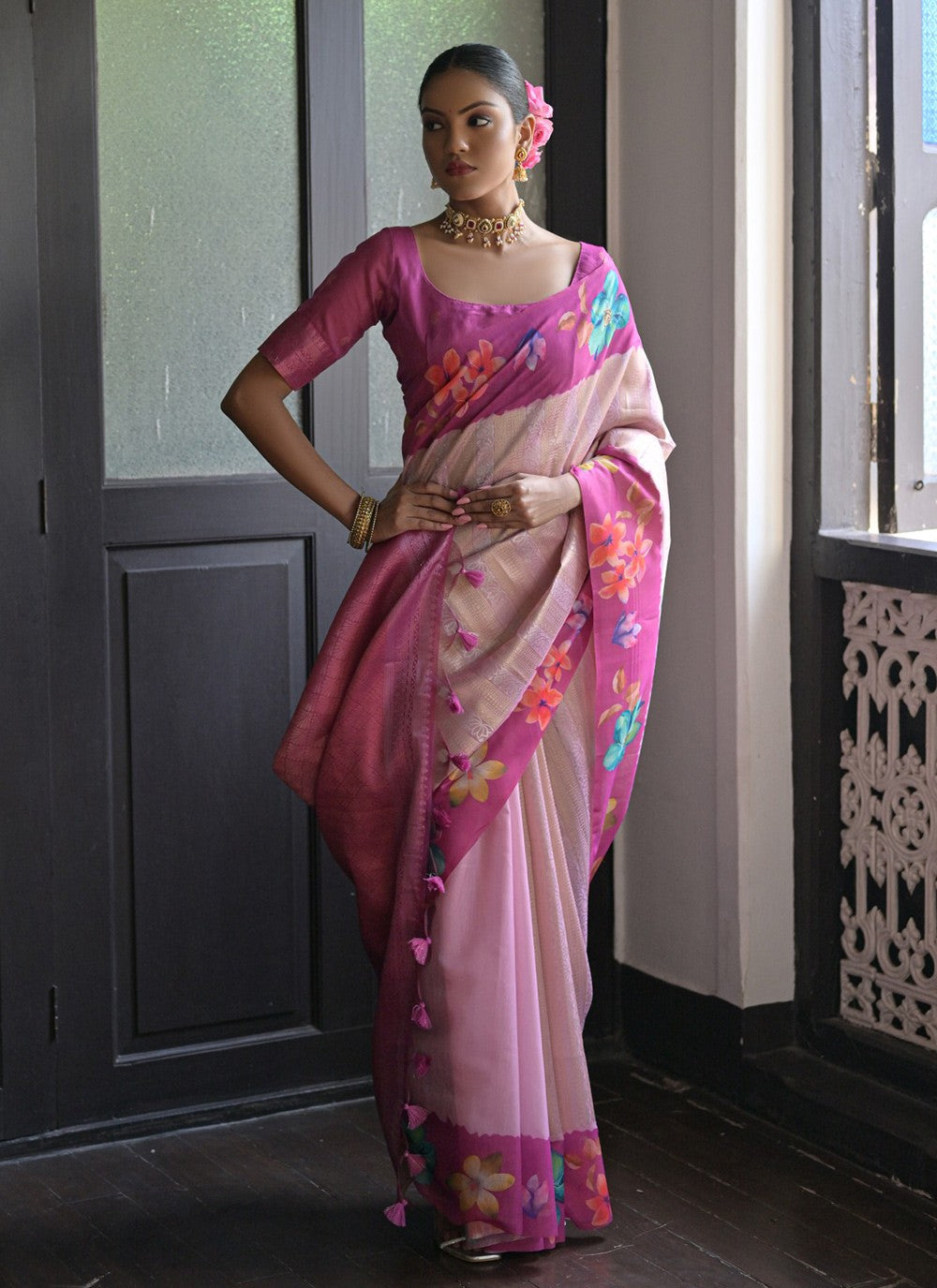 Trendy Printed Silk Pink Saree - S10914