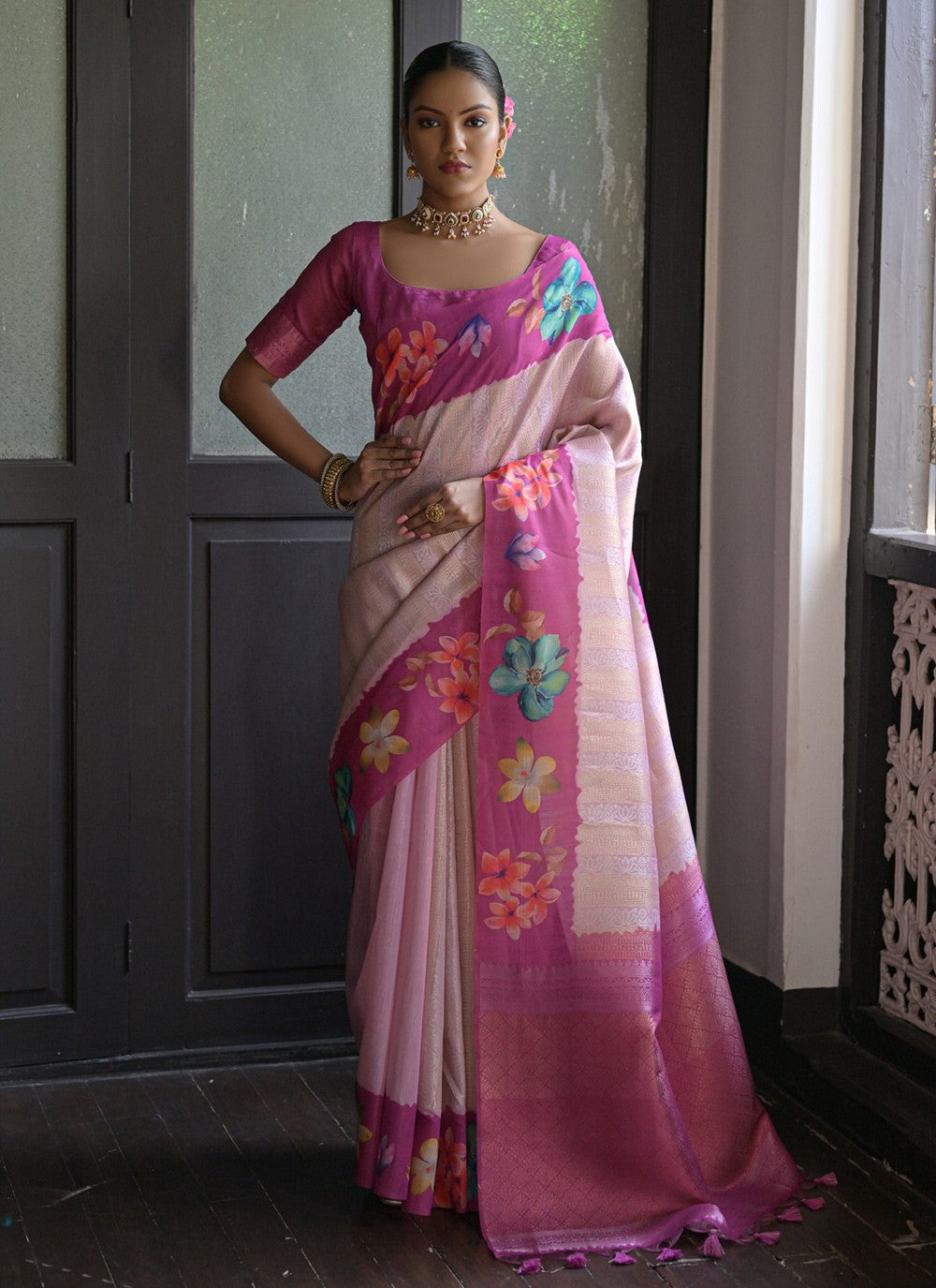 Trendy Printed Silk Pink Saree - S10914