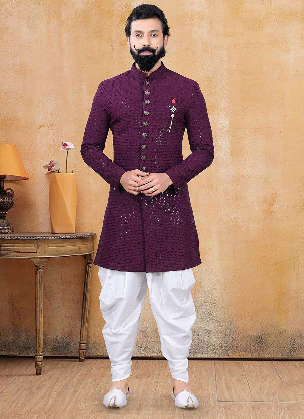 Fancy Work Lucknowi Purple Dhoti Kurta - M3357