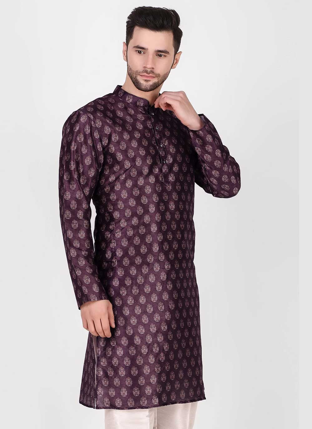 Printed Art Silk Purple Kurta Pyjama - M4754