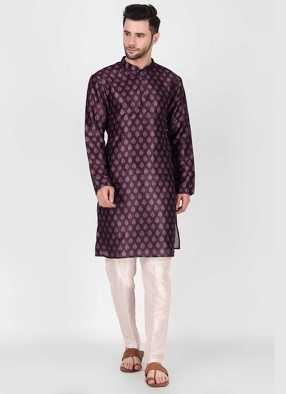 Printed Art Silk Purple Kurta Pyjama - M4754