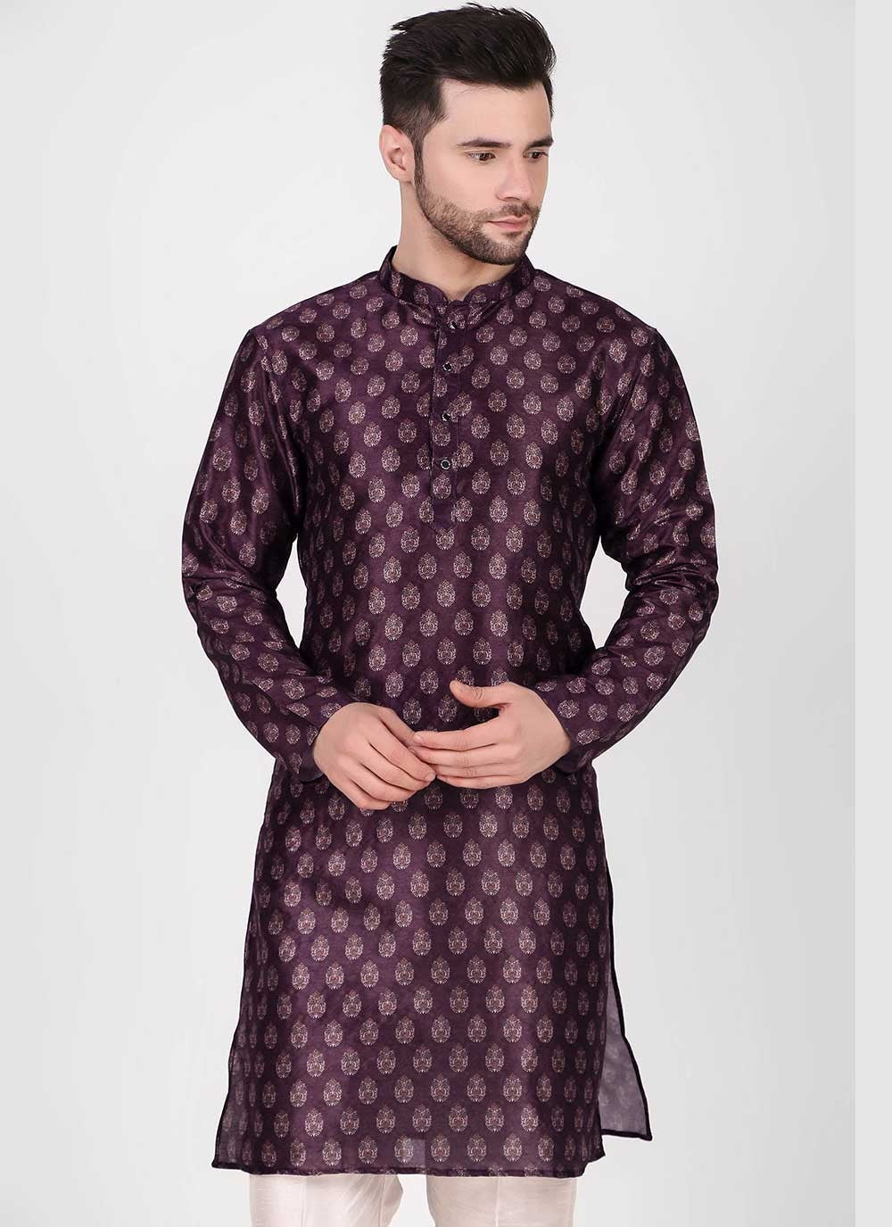 Printed Art Silk Purple Kurta Pyjama - M4754