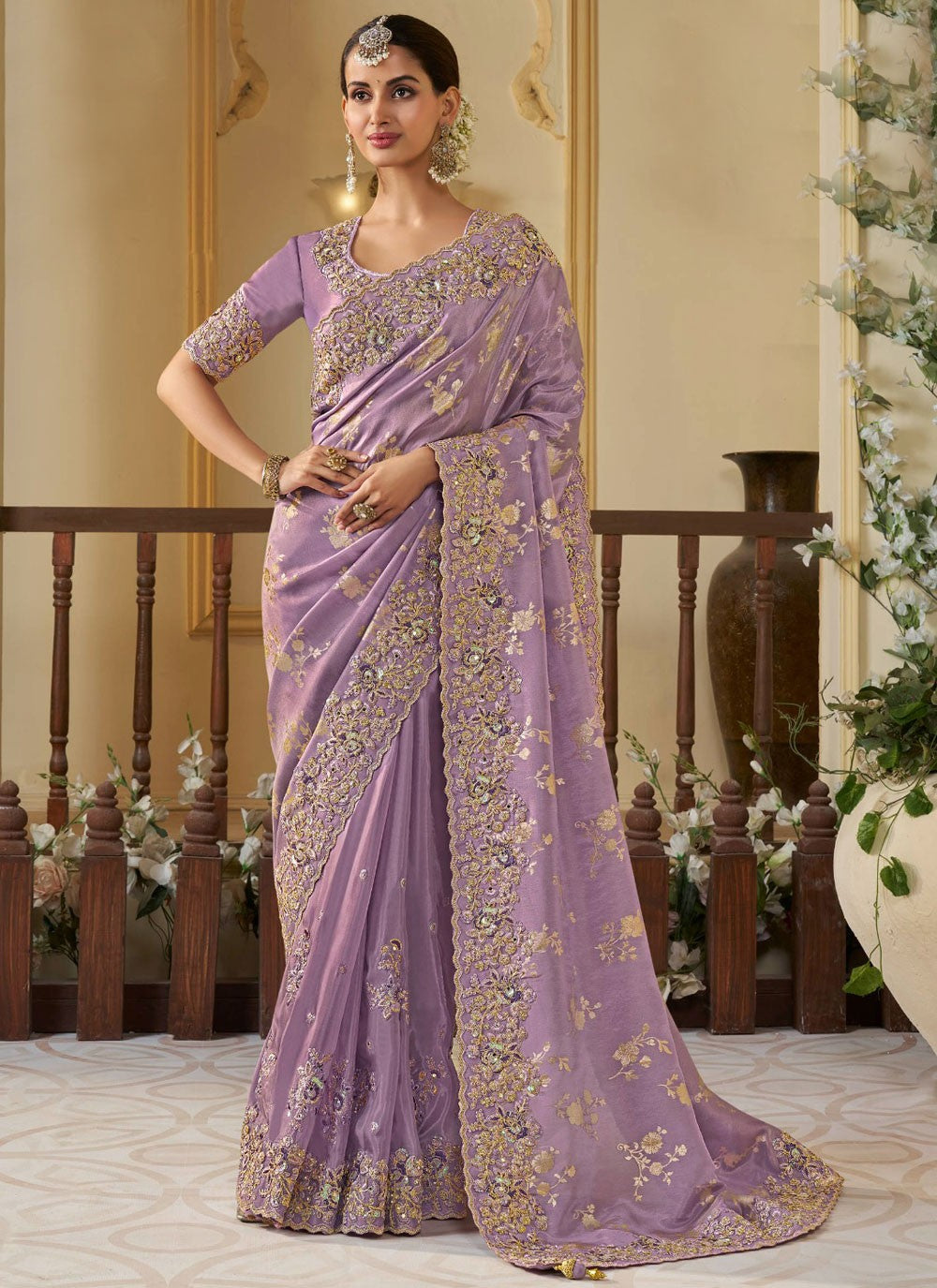 Contemporary Embroidered Tissue, Viscose Purple Saree - S10645