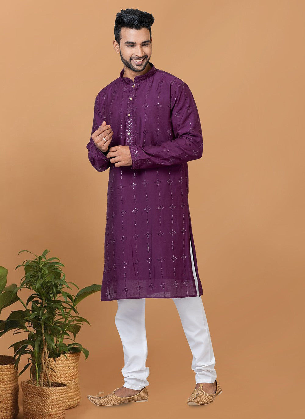 Embroidered Cotton , Viscose Purple Kurta Pyjama - M6345