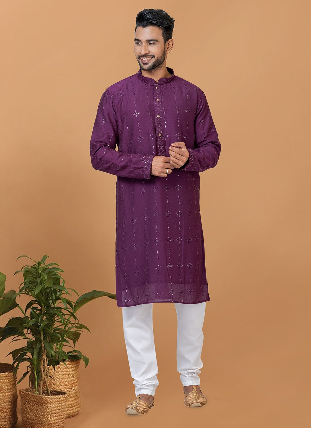 Embroidered Cotton , Viscose Purple Kurta Pyjama - M6345