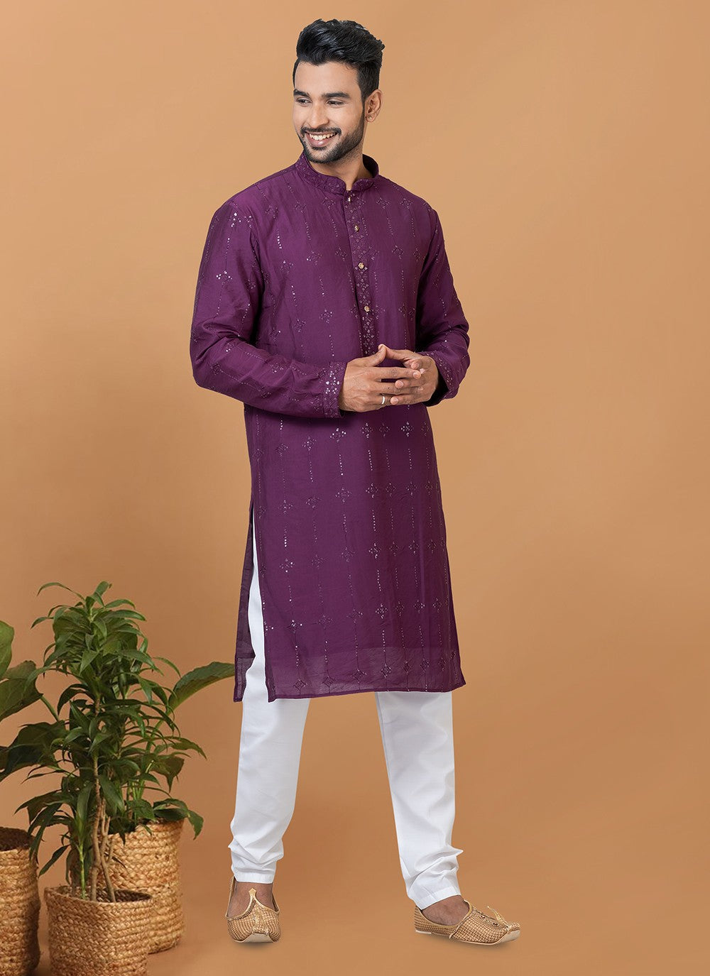 Embroidered Cotton , Viscose Purple Kurta Pyjama - M6345