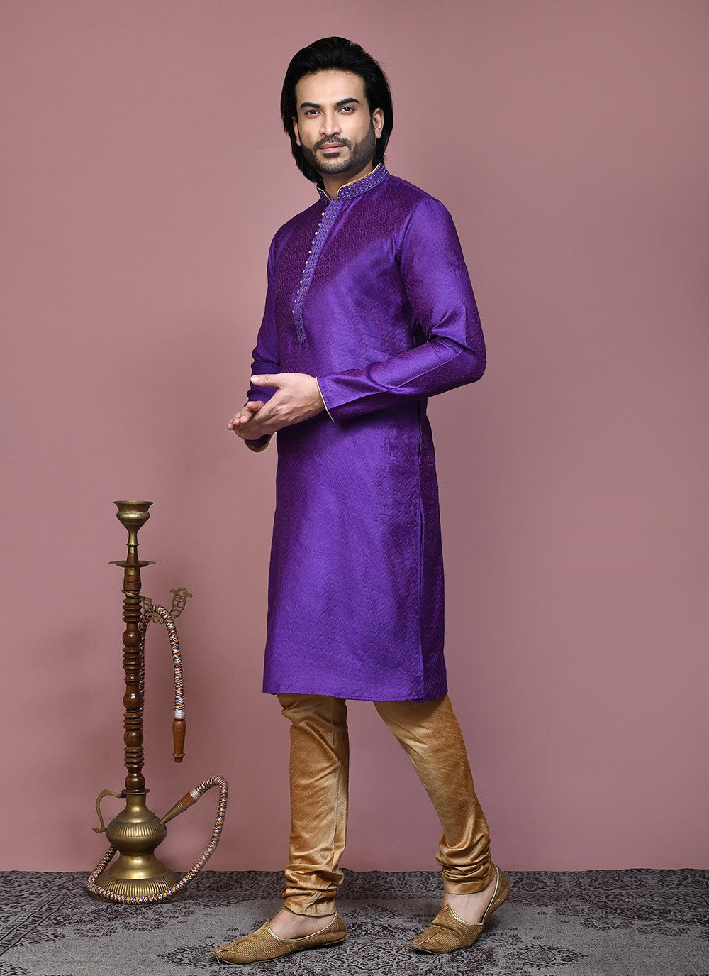 Resham Cotton Silk Purple Kurta Pyjama - M7891