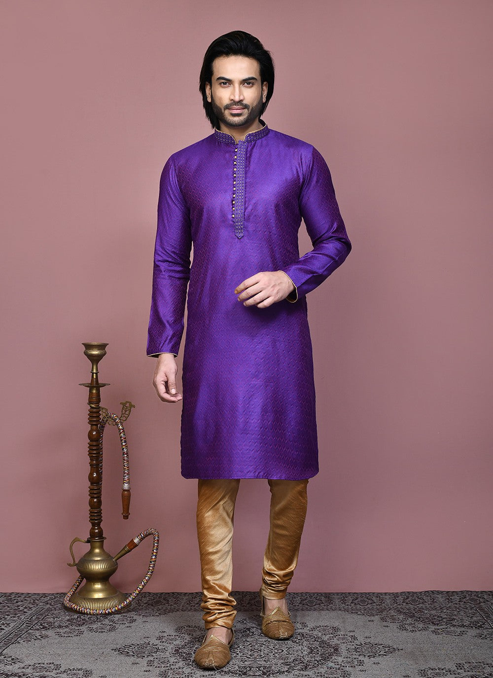 Resham Cotton Silk Purple Kurta Pyjama - M7891