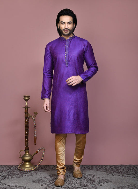 Resham Cotton Silk Purple Kurta Pyjama - M7891