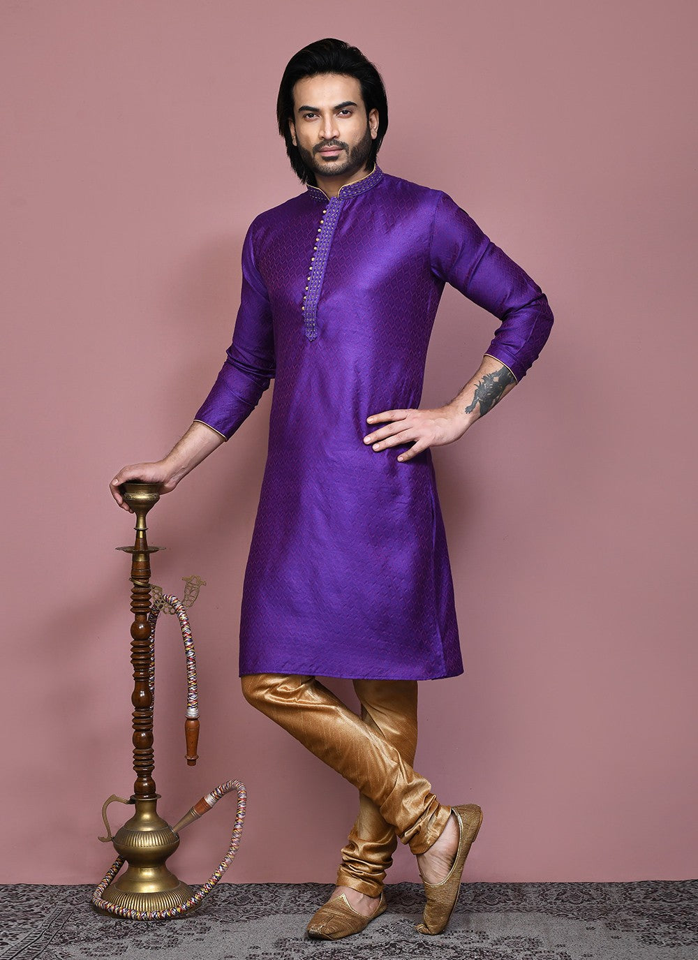 Resham Cotton Silk Purple Kurta Pyjama - M7891