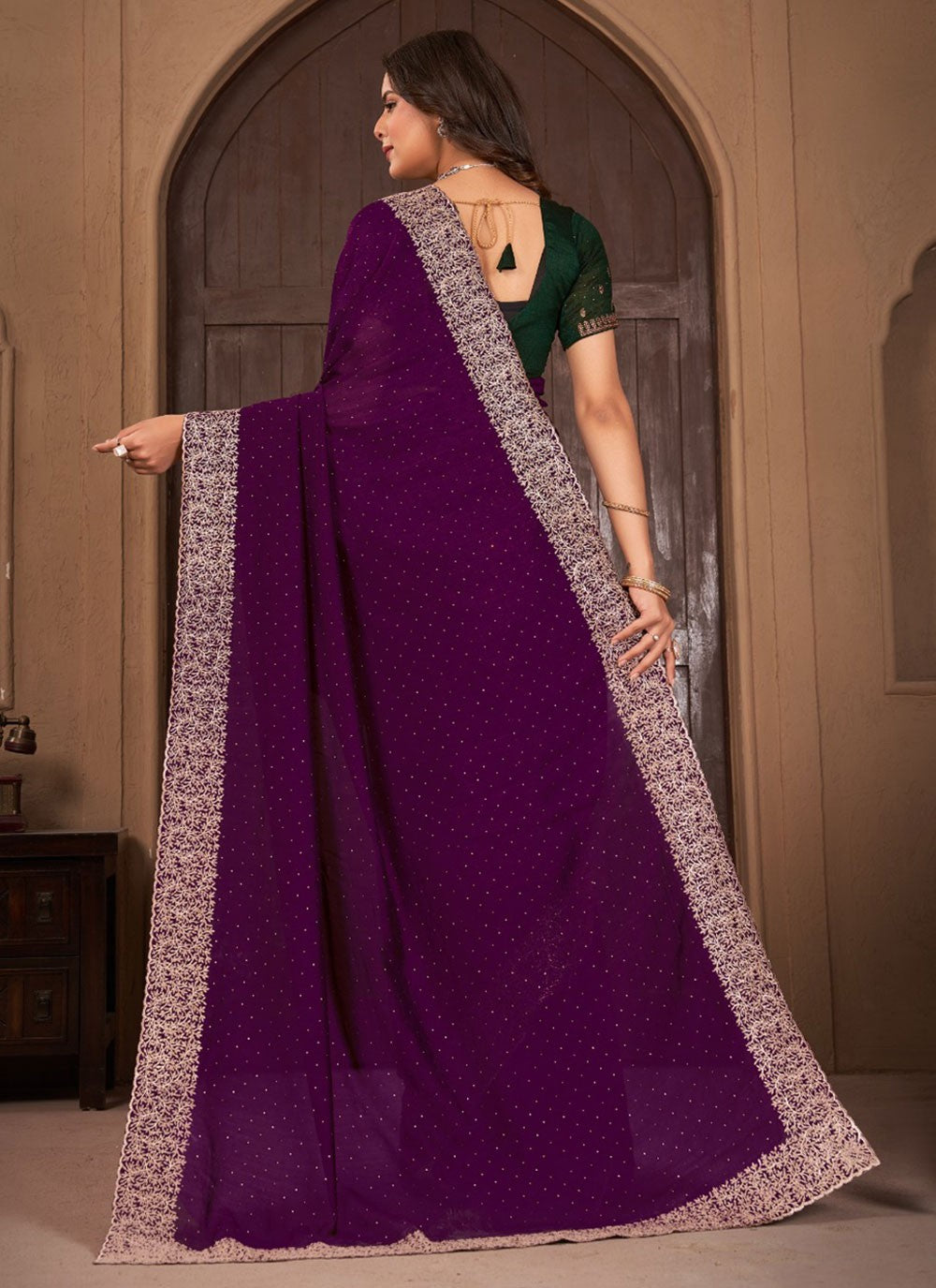 Classic Border Work Vichitra Silk Saree - S5681