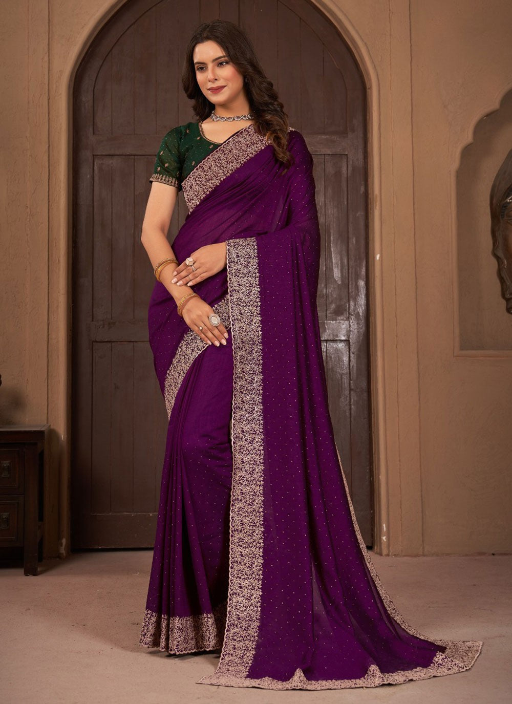 Classic Border Work Vichitra Silk Saree - S5681