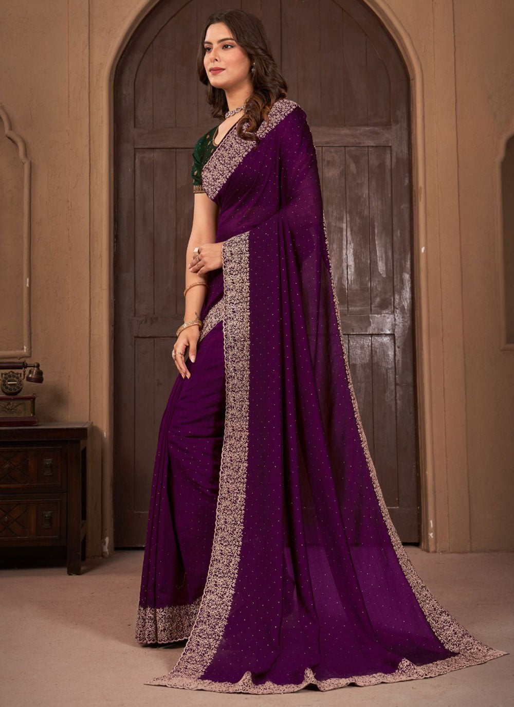 Classic Border Work Vichitra Silk Saree - S5681