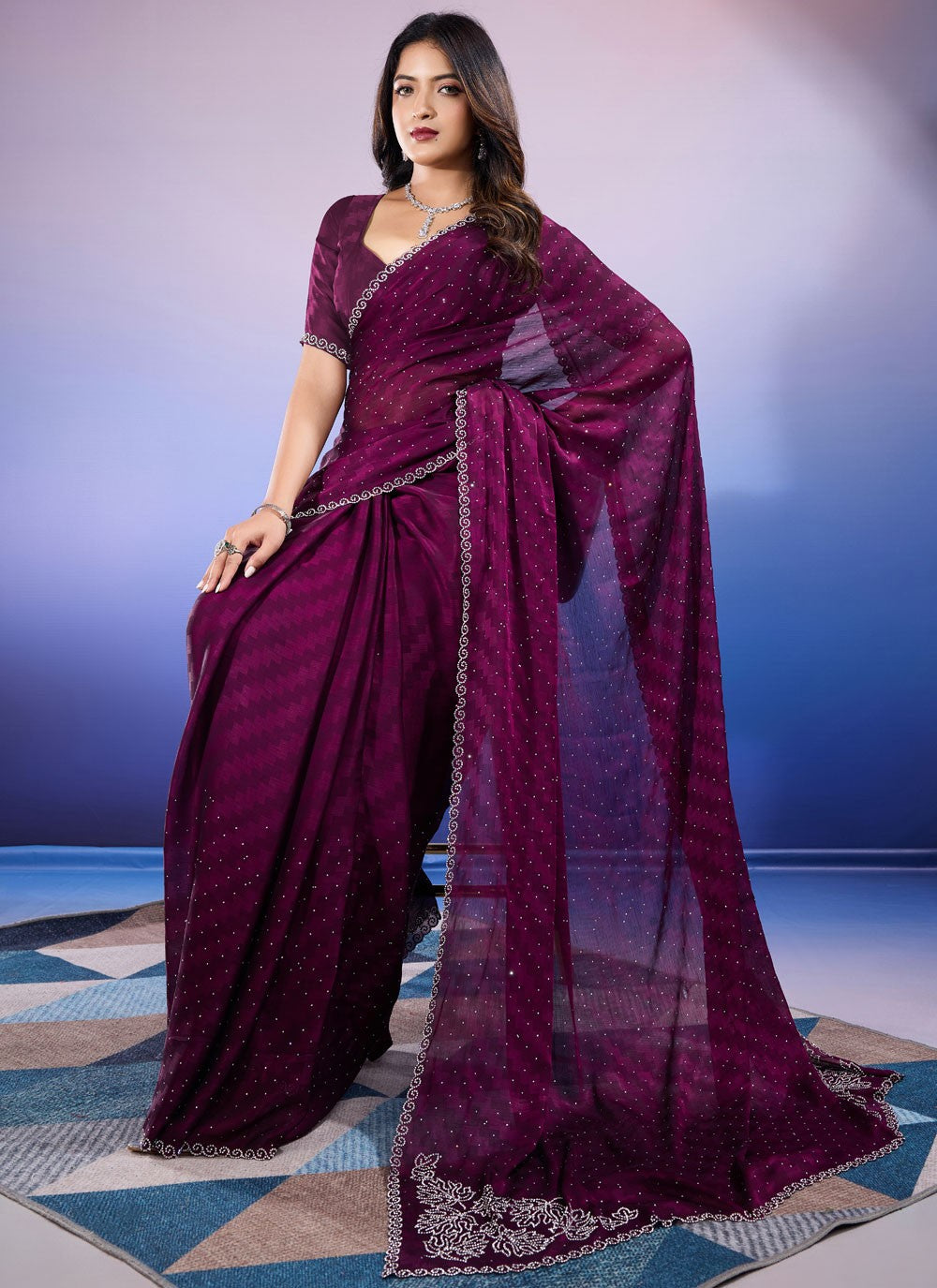 Classic Dimond Chiffon Satin Saree - S9676