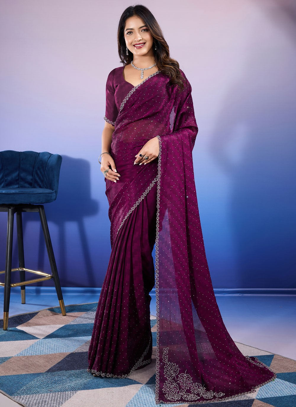 Classic Dimond Chiffon Satin Saree - S9676