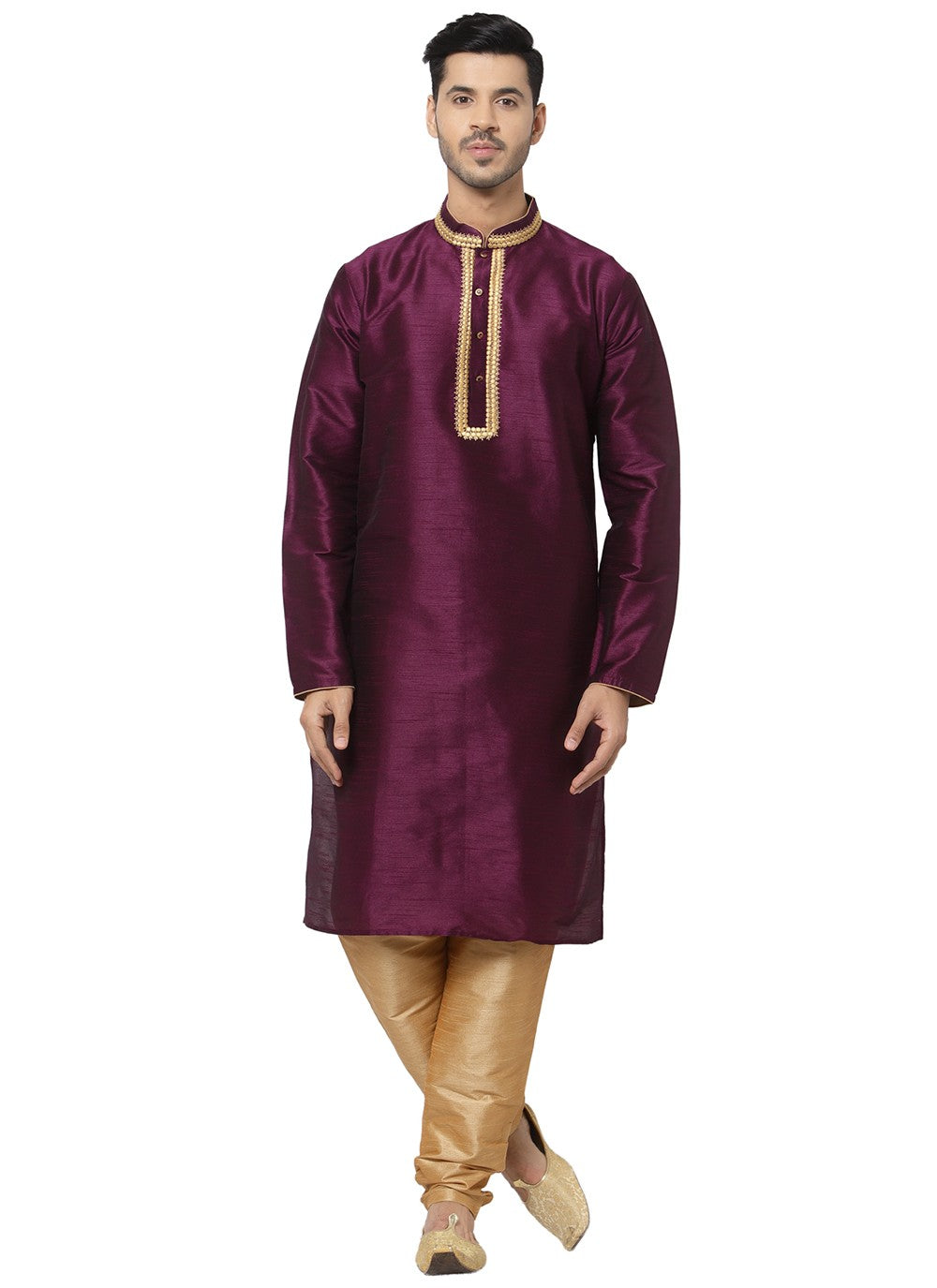 Embroidered Dupion Silk Purple Kurta Pyjama - M3198