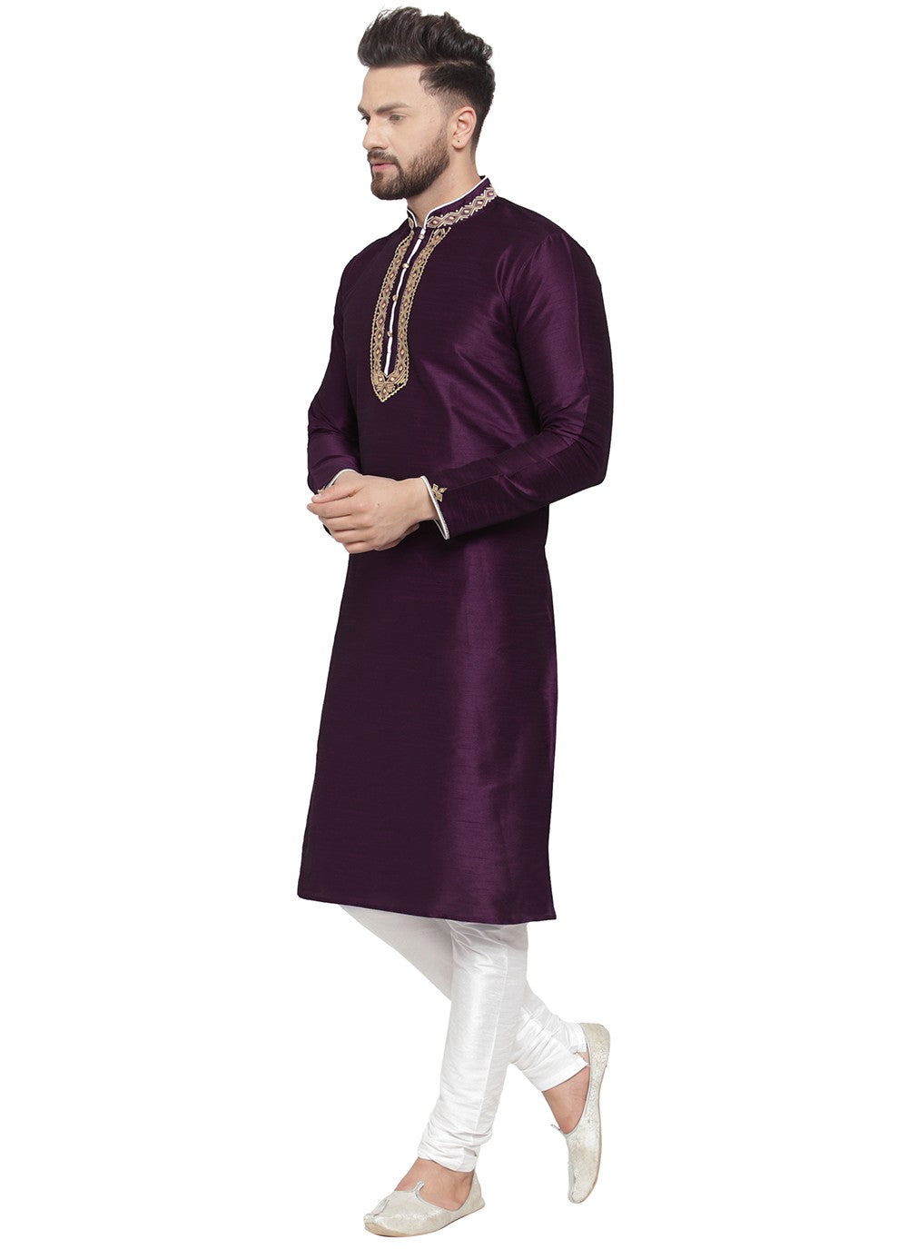 Embroidered Dupion Silk Purple Kurta Pyjama - M7336